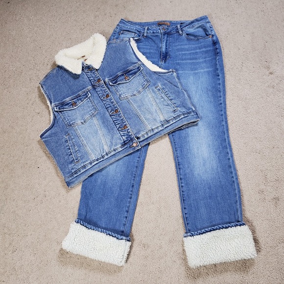 Judy Blue Jeans & Denim Vest Set XL 16W High Waist Sherpa Lined Shearling Cuff - Picture 2 of 16